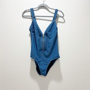 Kona Sol Deep Blue One-Piece Swimsuit with Front Zip Ribbed Size Medium